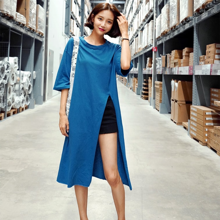 [韩国直邮] WINGS 韩国侧开衩中长款上衣T恤女 #蓝色 均码(Free) 4