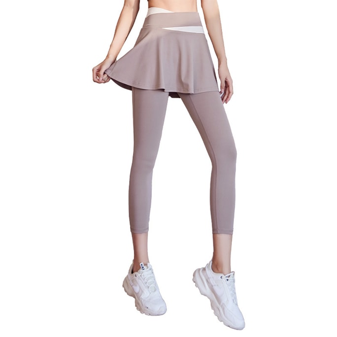 New High Waisted Anti Glare Yoga Pants Skirt Fake Two Piece Sports Pants Khaki M