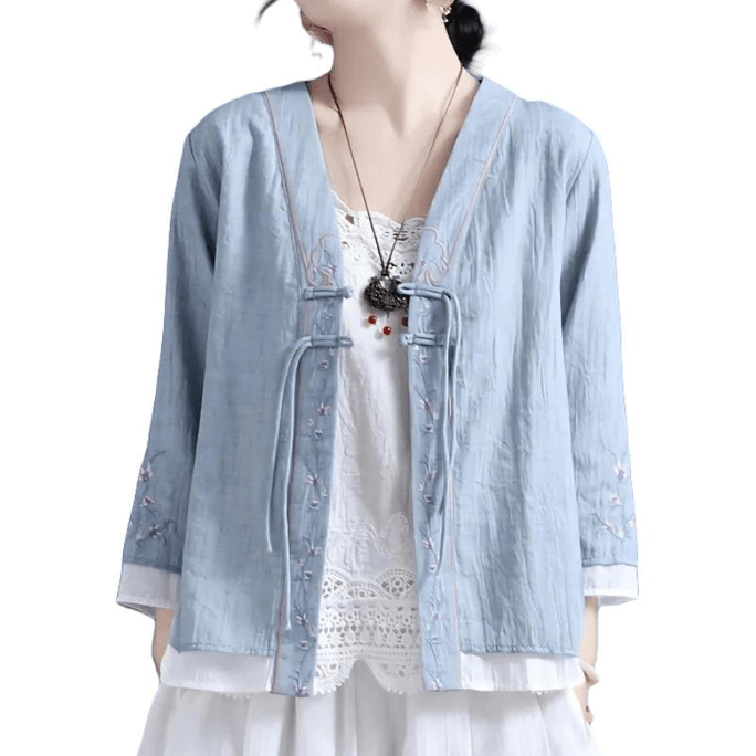 【中国直邮】 ASIS 新中式棉麻刺绣盘扣七分袖衬衫上衣-蓝色 3XL