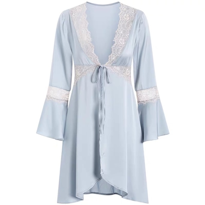 【NEW YORK】Bella’s Fantasy Satin French Lace Pajama Robe Blue