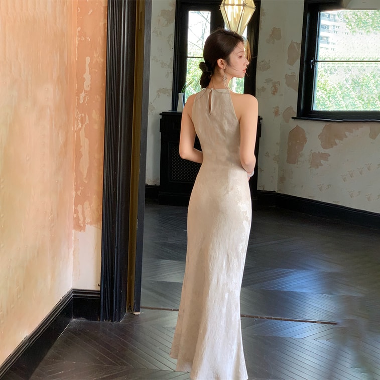 French Elegant Slim Waist Mermaid Dress Halter Long Dress Off Shoulder Sleeveless Natural Linen L 1 Piece 7