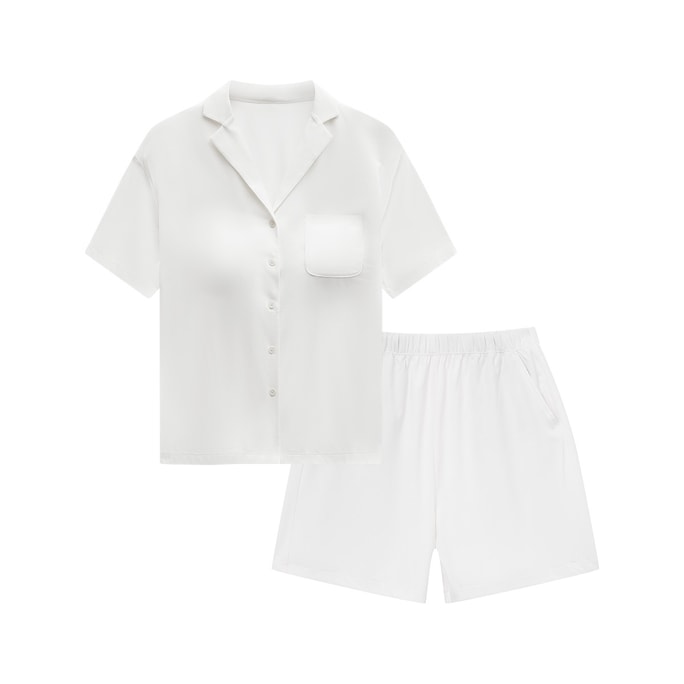 Classic Comfortable Cotton Flap Collar Short Sleeve Shorts Pajamas (With bras)-White-S