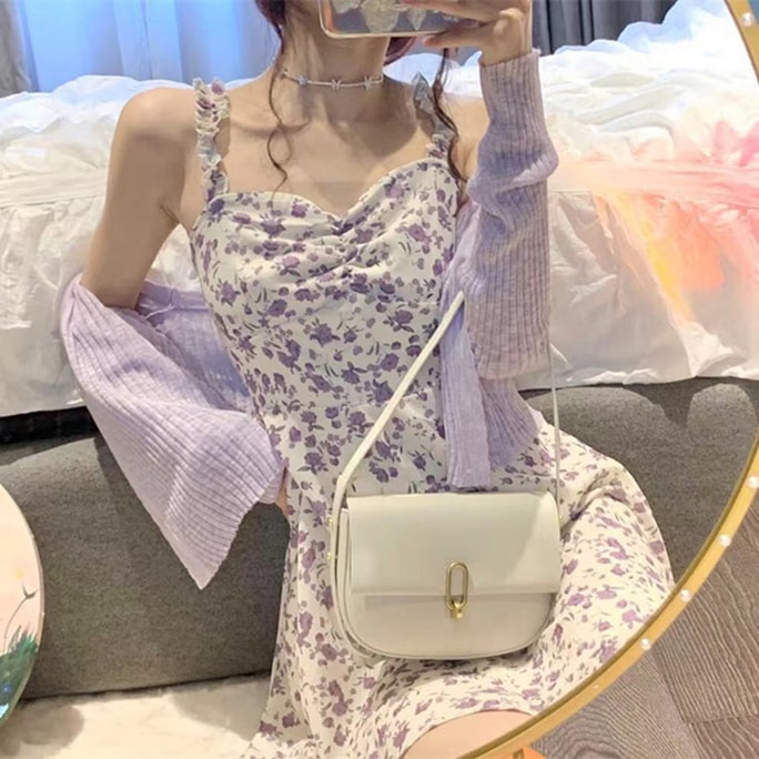 Summer New Gentle Floral First Love Sling Dress L Size Purple