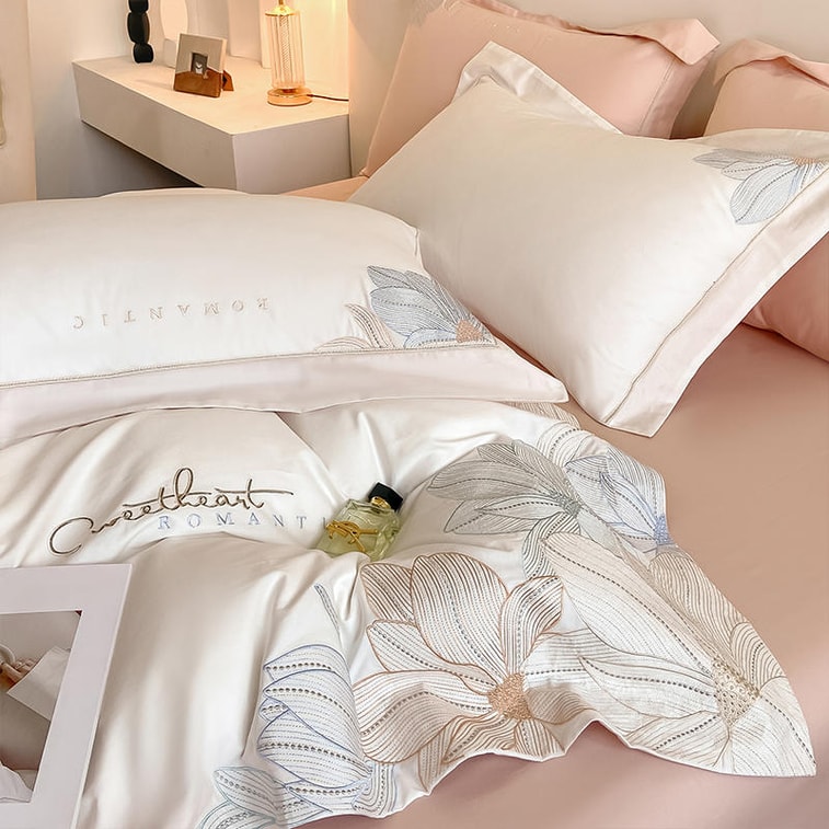 [중국발 다이렉트 메일] 룰라바이 헵번 스타일 자수 80수 롱 스테이플 코튼 4피스 세트(시트*1+이불 커버*1+베갯잇*2) 침구, 시트, 이불 커버, 베갯잇, 화이트 더블 사이즈 4