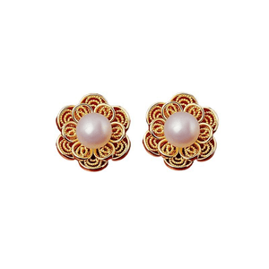 【中国直送】故宮博物院文化創作商品 - 新着商品：パールスタッドピアス、天然淡水スターリングシルバーフラワーピアス、ゴールド、10*10mm