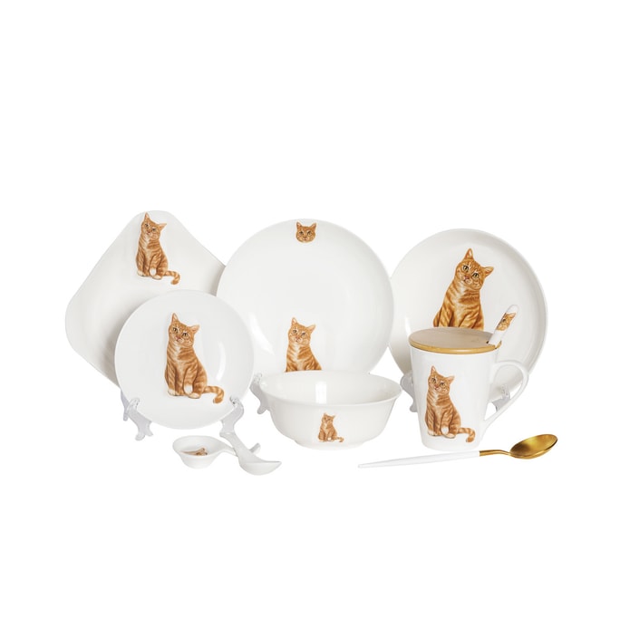 Petorama Pet Portrait Porcelain Dinnerware Set 11pc. - Orange Tabby