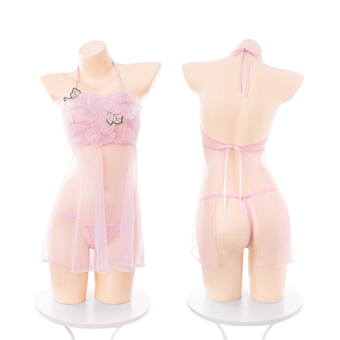 Peach Blossom Decorated Breast and Buttocks See-through Nightgown Erotic Underwear Sexy Bare Back See-through Suit