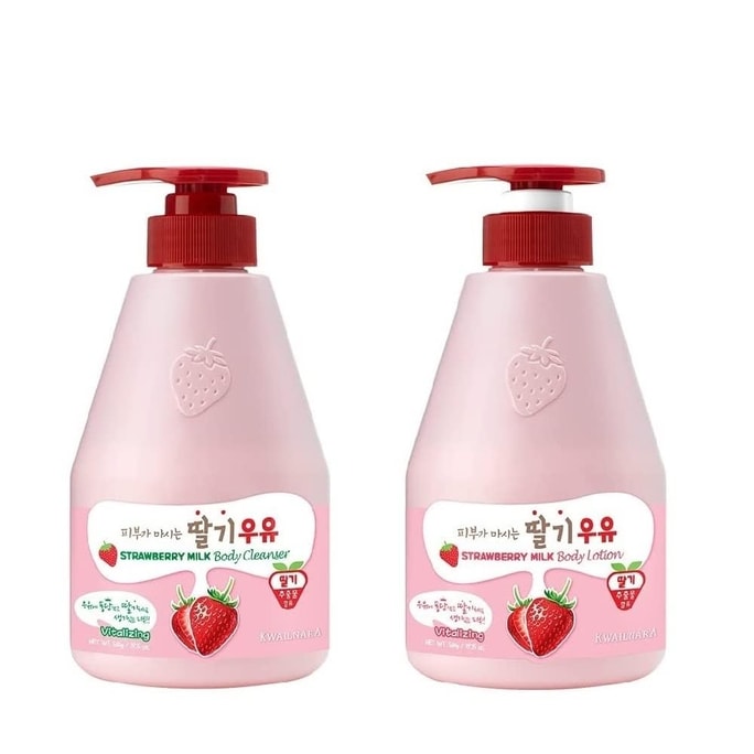 韩国 Kwailnara 草莓牛奶身體乳液與沐浴露組合 – 含草莓萃取的韓國保濕煥膚護膚組