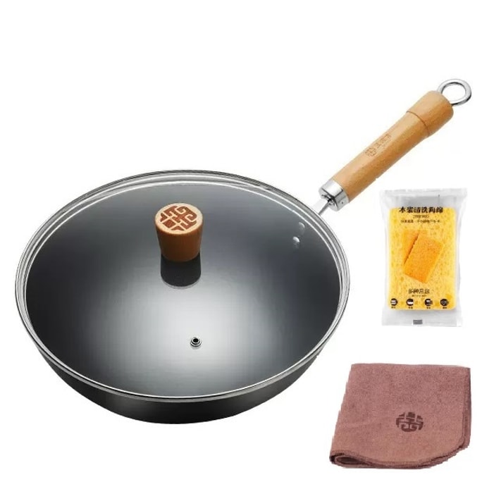 28cm Upgraded Chinese Cast Iron Wok With Lid Carbon Steel Pan Flat Bottom No Chemical Coated For All Stoves