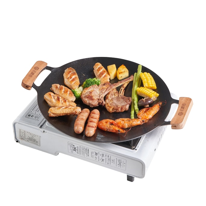 32CM Korean Grill Pan with Dual Handles & Heat-Resistant Wooden Covers