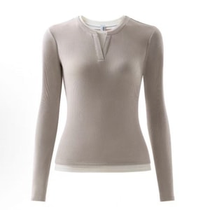 V-Neck Faux Two-Piece Base Layer Top 1pc – Tobacco Brown With Milky White Size S—Skin-Friendly, Slimming Fit