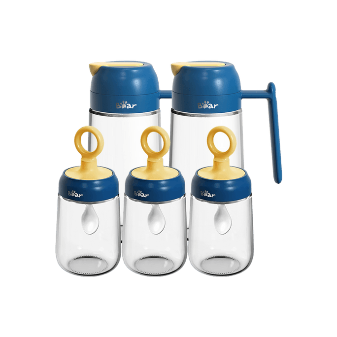 BEAR小熊 玻璃油壺調味罐組合 自動開合蓋醬醋瓶 伸縮湯匙調味料盒 5件組 深藍色 CX-W0049