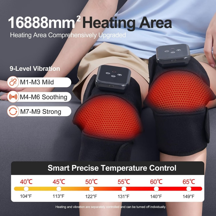 Knee Massager with Heat Vibration for Pain Relief,Electric Heated Knee Brace,with 6 Heat Levels and 9 Massage Mode,Gift for Both Men and Women(Black, Pair) 4