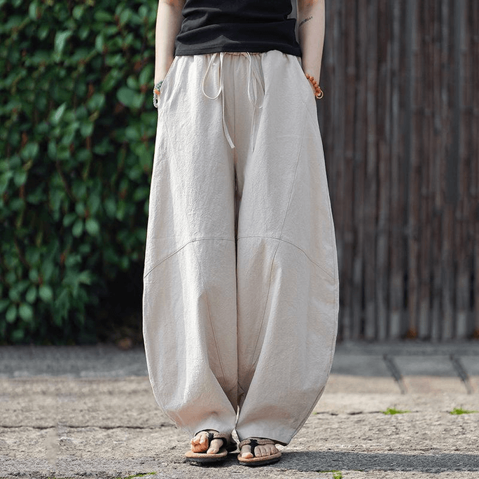 Chinese Style Men's Flax Loose Fit Wide-leg Pants Beige M
