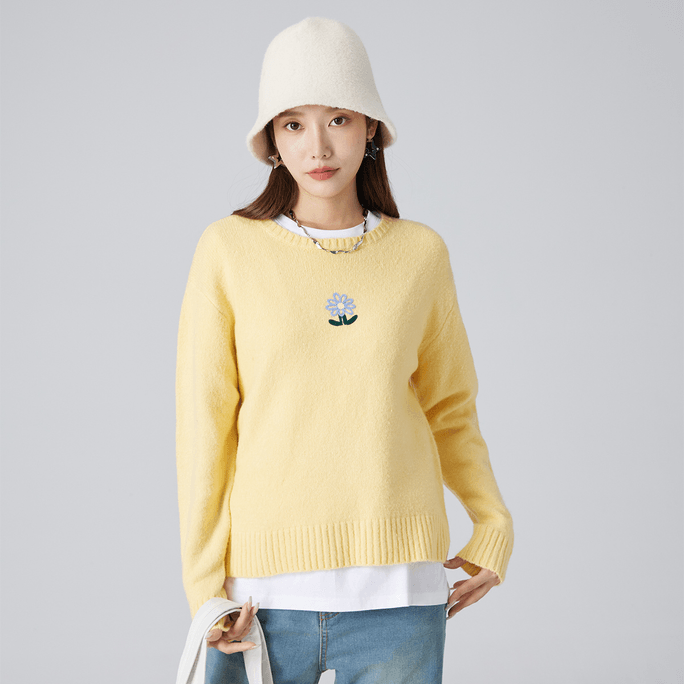 HSPM New Lao Qian Feng Embroidered Versatile Knitwear Maize Yellow M