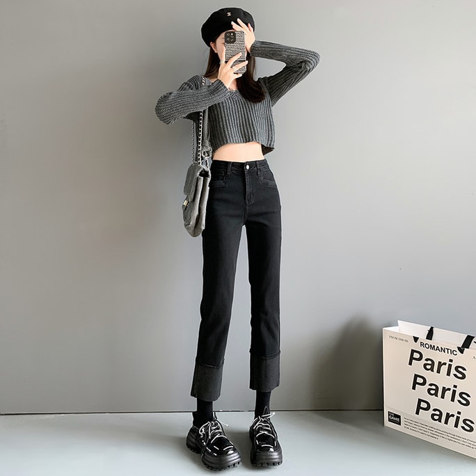 Spring Korean cuffed high waist capris