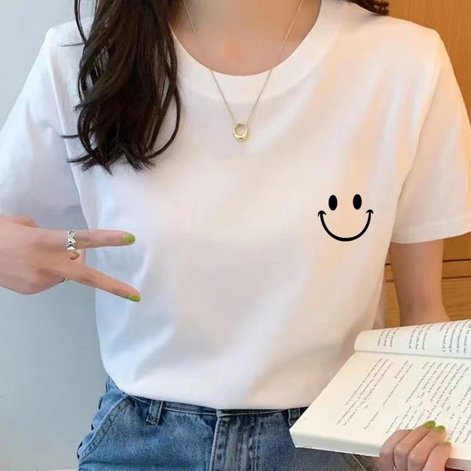 [중국에서 다이렉트 메일] Shedi Xiong 새로운 한국 스타일 여성 순면 반팔 티셔츠 Smiley L