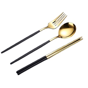 Tableware Set Portable Spoon, Chopstick and Fork 3-Piece Set with Storage Box Student Spoon and Chopstick Set 304 Stainless Steel Black Gold Edition