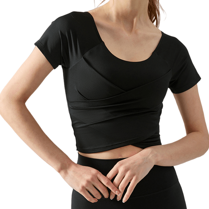 Cross Fold Yoga Top One Piece Nude Fit Sports Short Sleeve Black S