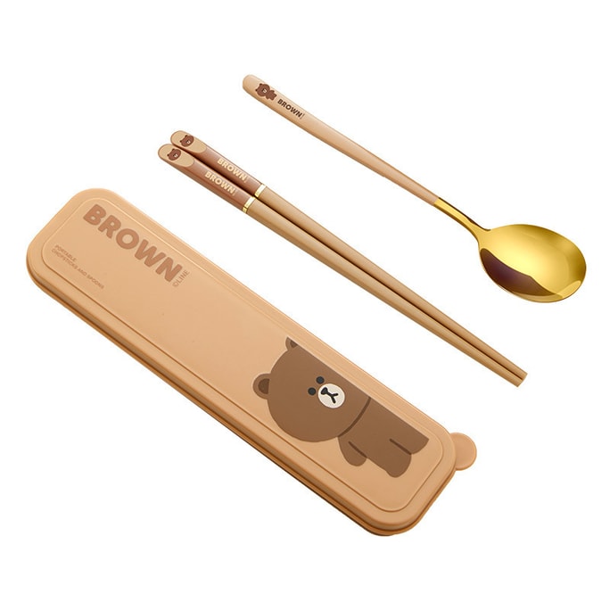 Stainless steel chopsticks home spoon set students can take out portable Brown Bear