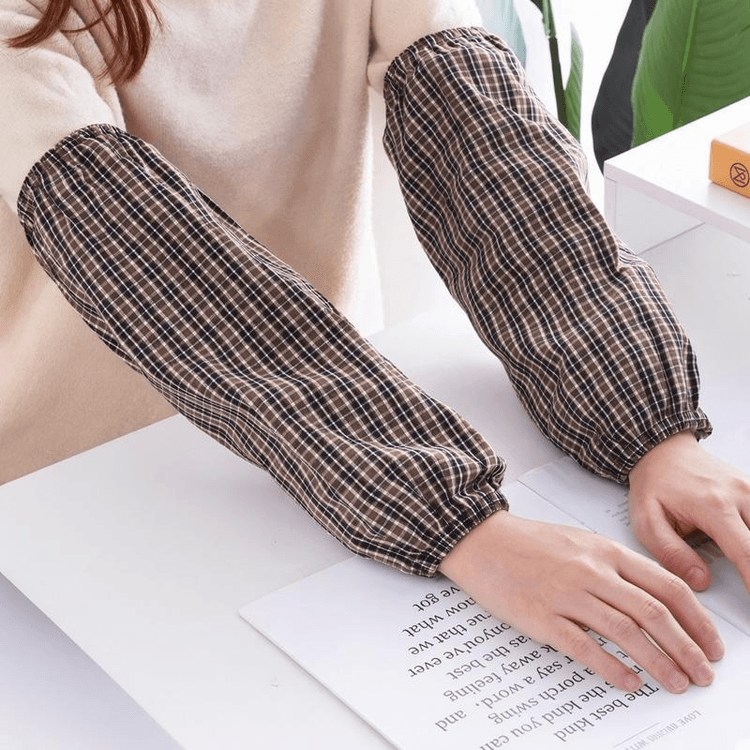 Extra Long Cotton Sleeve Covers Coffee Brown 1 Pair Plaid Work Arm