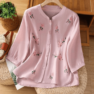 【中國直郵】 ASIS 棉麻刺繡拼接七分袖上衣襯衫-紫色 2XL