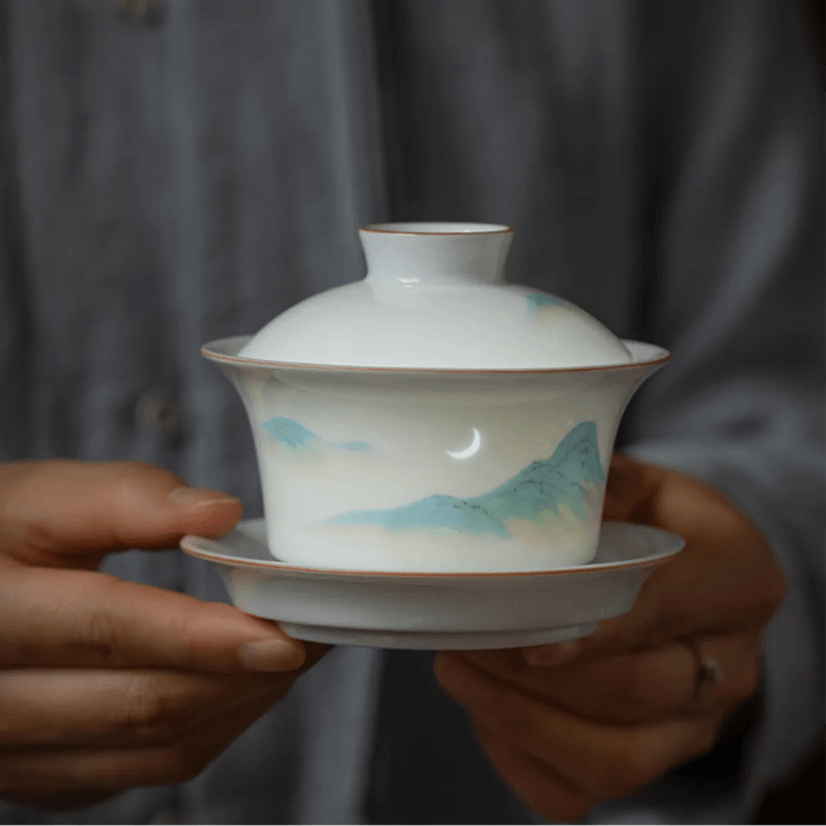 Jingdezhen Linglong Ceramic Gaiwan Tea Set 1 Gaiwan 1 Fair Cup 4 Cups Landscape Design 11