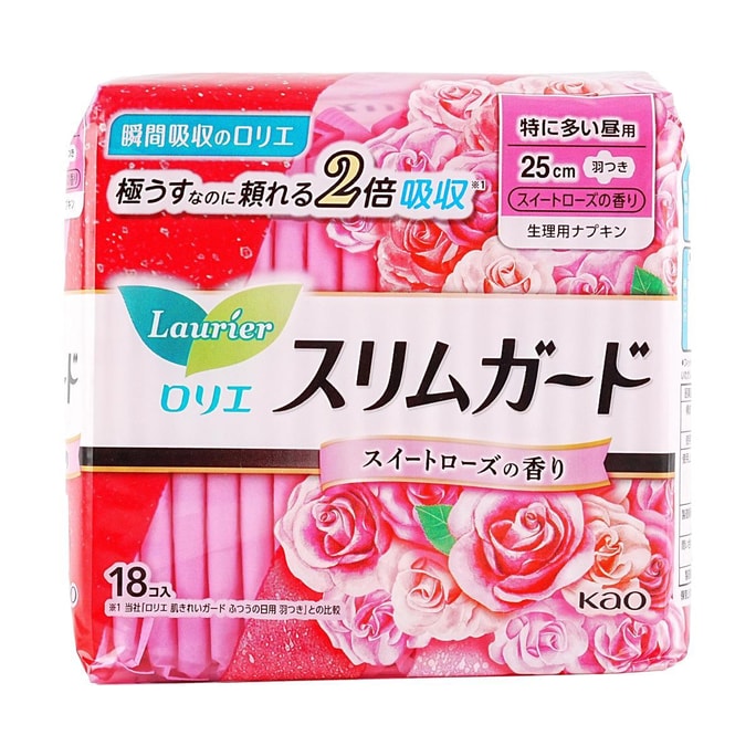 日本KAO花王 LAURIER樂而雅 SlimGuard 超薄衛生棉 量多日用 250mm 18片入 玫瑰香型