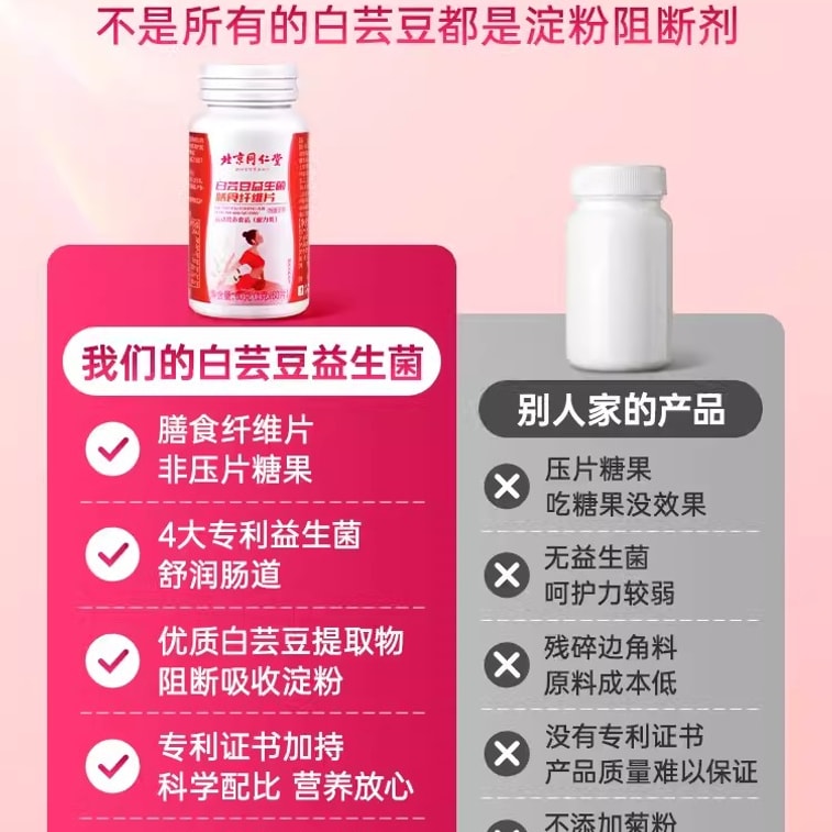 [중국발 다이렉트 메일] 북경 통인당 백강낭콩 식이섬유 차단 탄수화물 및 지방제 츄어블 캔디정 백강낭콩 프로바이오틱스 60g 4