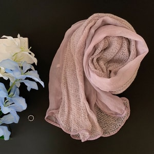 New fashionable and versatile tie-dye scarf with pink-purple silk & yarn splicing and handmade edging.Powder Purple F