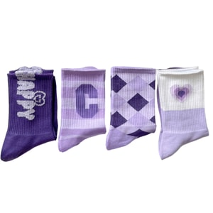 Japanese cartoon purple cute bear crew socks HAPPY + lattice + heart + thick stripe C 1 set