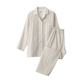 Double gauze pajamas without side seams, women's S, sand beige stripe