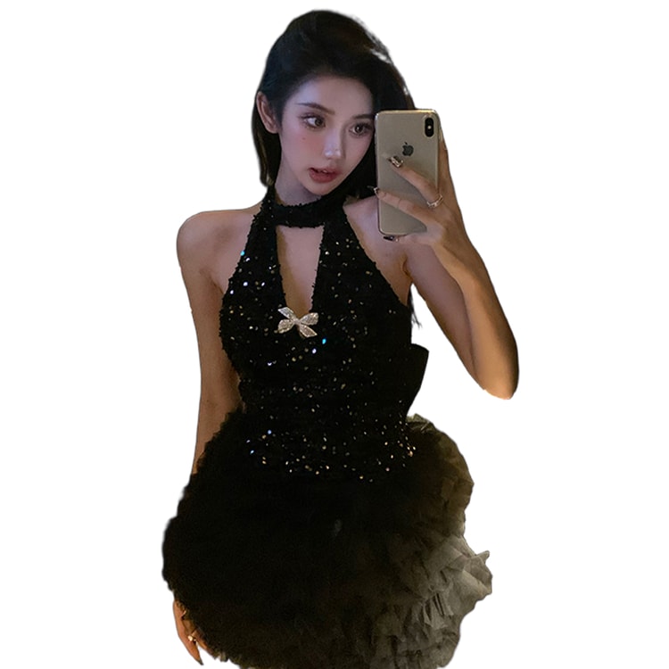Christmas Outfit Dress Sequin Puff Skirt New Year Birthday Gown Black XS