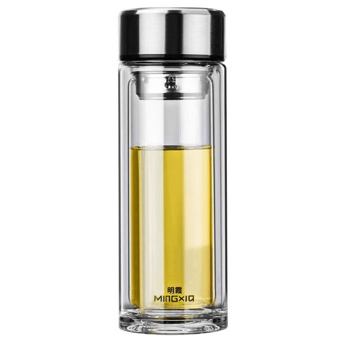 Mingxia 이중 유리 물컵 휴대용 투명 뚜껑 포함 고온 내성 녹차 컵 300ML