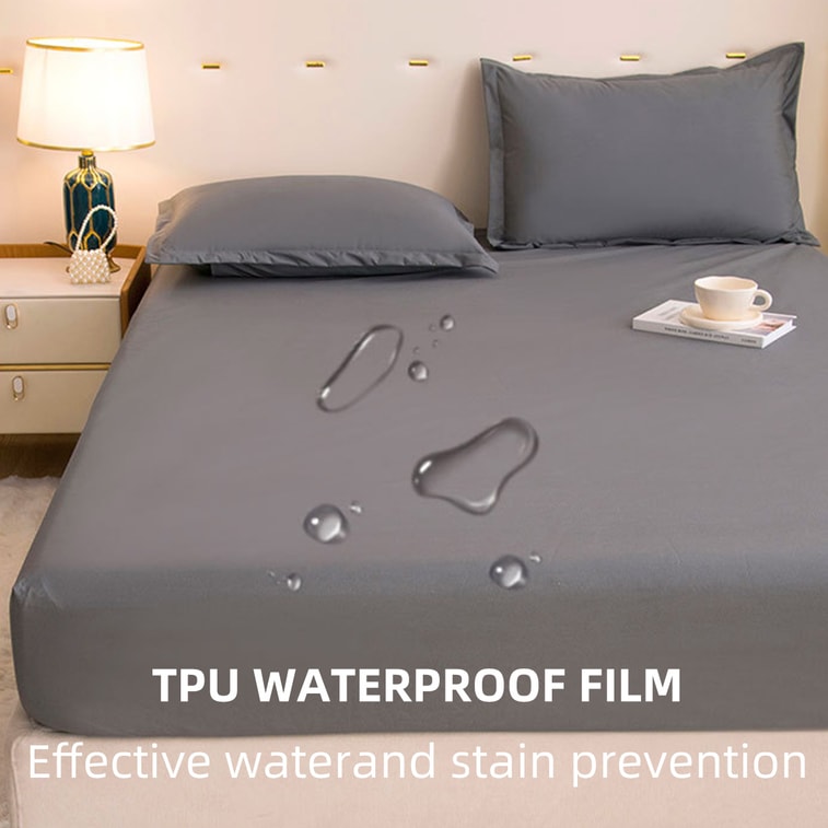 New Solid Color Skin-Friendly Brushed Waterproof Fitted Sheet, Light Gray King Size, 198×203cm, 30cm Height 5