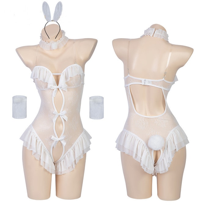 Sexy Lingerie Bow Lace Rabbit Girl Set White One Size  (no stockings)