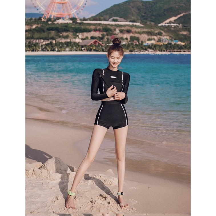 【中国直送】Pengbo 春夏用 日焼け止め 長袖 ハイウエスト 水着 Mサイズ ブラック 3
