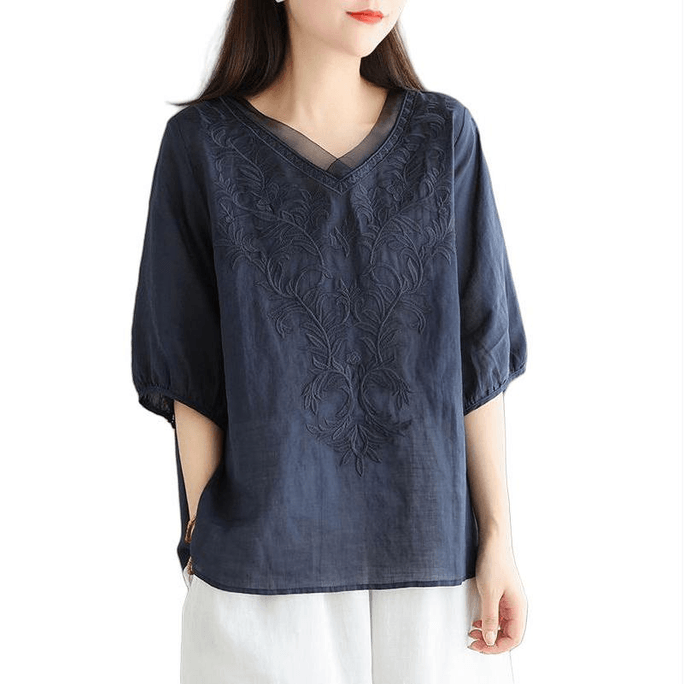 Women Vintage Cotton and Linen Embroidered V Neck Mid-sleeve Casual Shirt Navy M