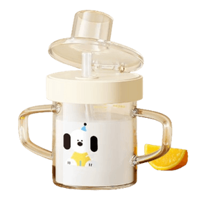 Milk Cup With Measurement Markings For Kids, Glass Straw Cup, Children's Bottle, Direct-Drink Cup For Milk And Water, Ages 3 And Up, Jumping Dog, 300ml (Tritan Cup Body)