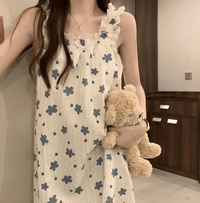 【中国直邮】 Lullabuy 蓝色碎花睡裙吊带女士家居服纯棉-M码