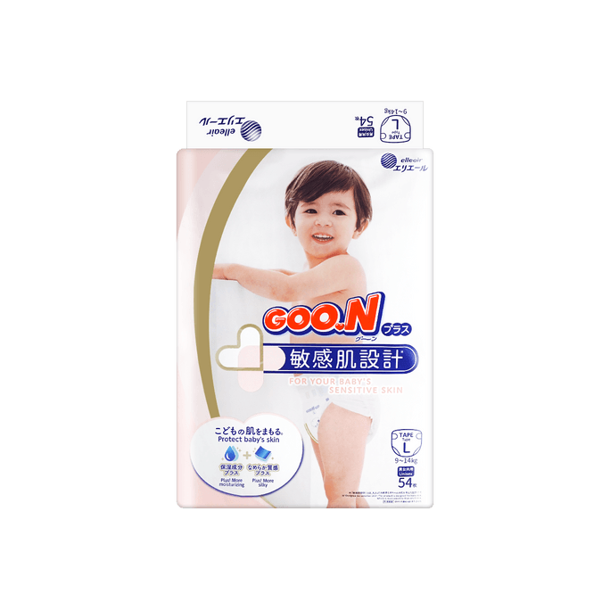 PLUS Baby Tape Diaper For Baby's Sensitive Skin, L Size, 9-14kg, 54pcs