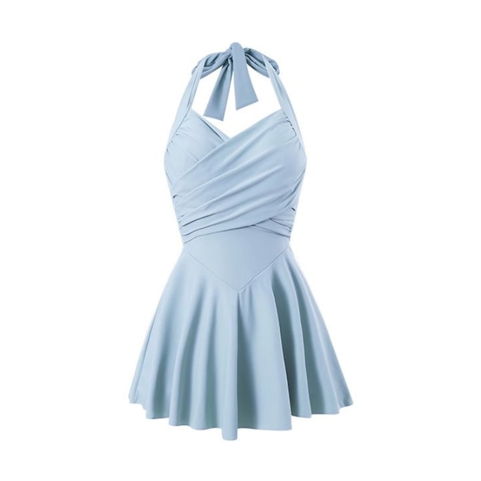 The new hanging neck swimming costume one-piece micro-fat flesh adult beautiful spa sky blue M code 1 piece suit