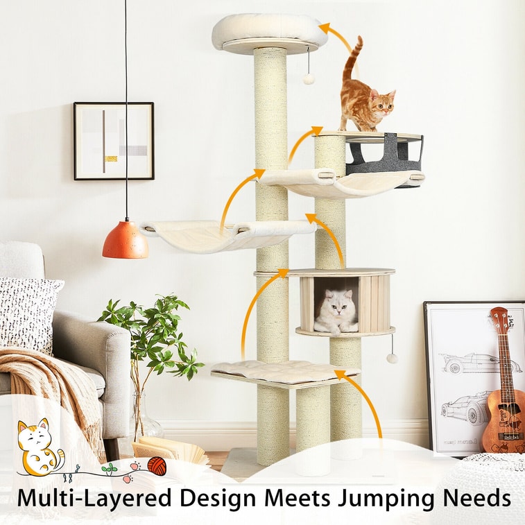 77.5 Inch Cat Tree Condo Multi-Level Kitten Activity Tower With Sisal Posts - Cream White 5