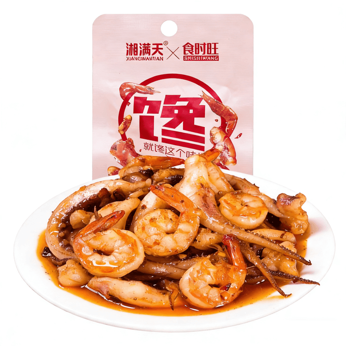 Xiang Mantian Spicy Snack with Squid and Shrimp, Ready-to-Eat Seafood Snack, Spicy Flavor, Leisure Food, Perfect for Dorms, 14g*6 Packs