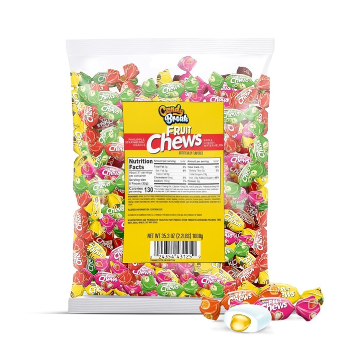 Fruit Chews 2.2 lb Bag – Assorted Center Filled Soft Candy with Pineapple, Strawberry, Orange, Cherry, Apple & Watermelon Flavors