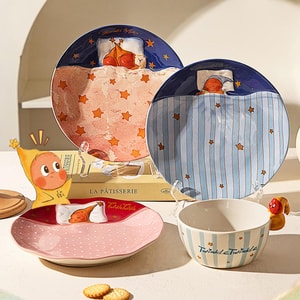 川岛屋 星星人盘子 餐具盘子家用菜盘分格餐盘早餐盘 粉色波点 8.5"