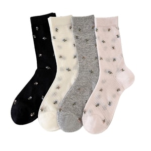 【中国直送】HSPM スイートフローラルプリントシームレスソックス、トレンディで薄手で通気性抜群、ミルクホワイト＋ピンク＋ブラック＋グレーの4色展開、1足入り