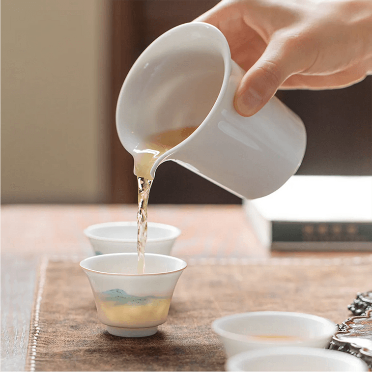 Jingdezhen Linglong Ceramic Gaiwan Tea Set 1 Gaiwan 1 Fair Cup 4 Cups Landscape Design 7