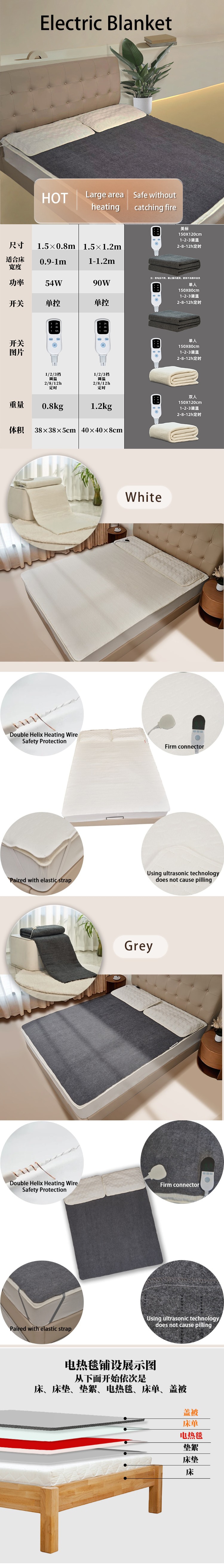 【中國直郵】 HSPM 電熱毯美標110V電褥子發熱毯保暖床墊 灰色150x80cm 3檔定時 1件