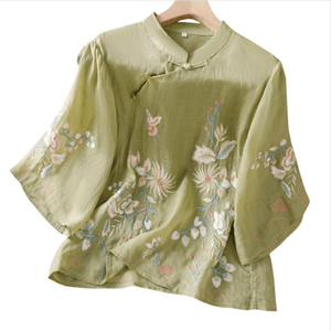 Women Chinese Style Embroidered Retro Button Mid-sleeve Shirt Top Green 2XL